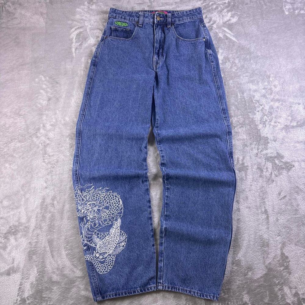 Empyre Y2K Dragon Koi Jeans Women’s Size 4 Baggy Relaxed Fit Blue Denim